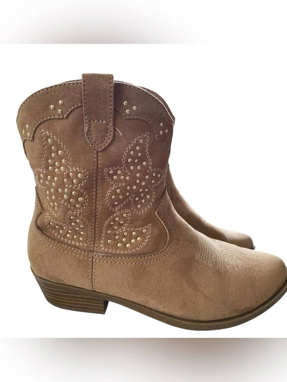 Art Class Elma Studded Cowboy Boots Kids Girls Tan Size 5 Faux Suede